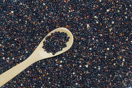 black quinoa with a wooden spoonの写真素材