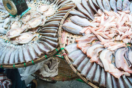 dried fish display many kind of fish such as gourami,sanke head fishの写真素材