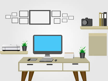 Office interior with desktop display with interface icons.vector illustrationのイラスト素材