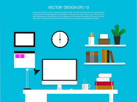 Office interior with desktop display with interface icons.vector illustrationのイラスト素材