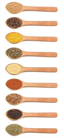 Group of wooden spoons filled with various spices isolated on white backgroundの写真素材