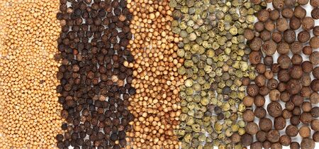 Macro background  of black pepper, green pepper, mustard, coriander and allspice grainsの写真素材