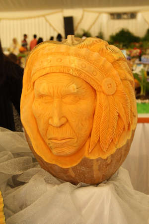 Beautiful vegetable carving - Pumpkin head Red Indianのeditorial素材