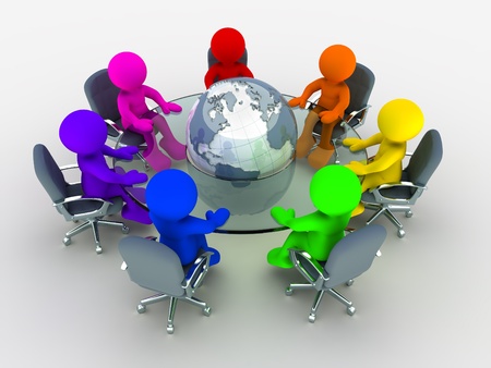 3d People Of Different Nationalities At The Conference Table Glass
