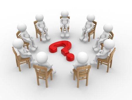 3d render - human character- people sitting on chairs in a circle with question mark  3d renderの写真素材
