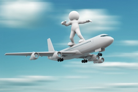 3d people - human character standing over airplane flying   3d render illustrationの写真素材