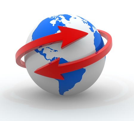 Two arrows surrounding Earth globe - 3d render の写真素材
