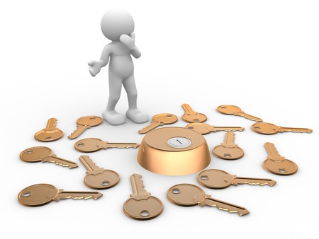 3d people - human character, person with keys and keyhole. Confusion, choice, risk. 3d renderの写真素材