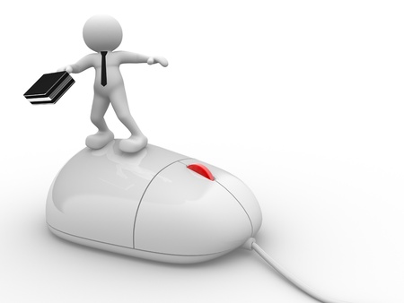 3d people - human character, person with briefcase and a mouse. Businessman surfing the web. 3d renderの写真素材