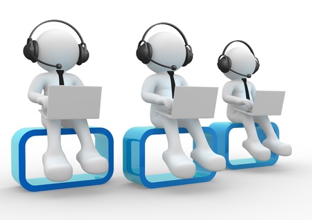 3d people - men, person  with a laptop and headphone.の写真素材