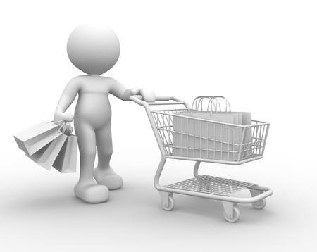 3d people - man, person with shopping cart and bagsの写真素材