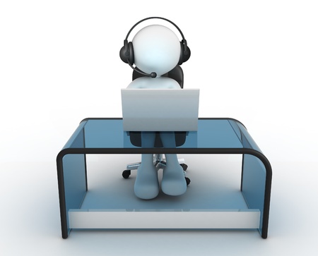 3d people - man, person with headphone sitting at the table and working on a laptop computer.
の写真素材