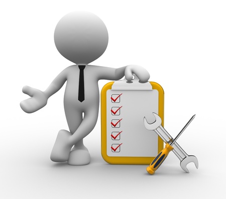 3d person with checklist and tools.  Screwdriver and wrench の写真素材