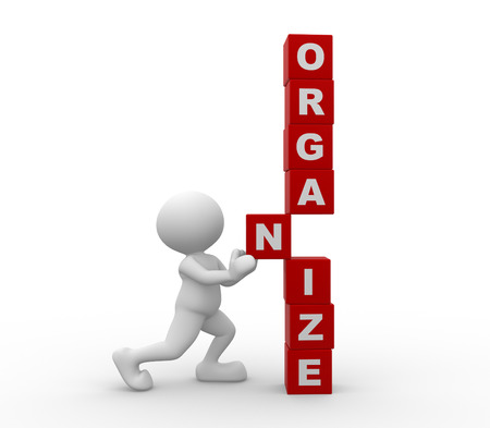 3d people - man, person with cubes and word "organize"の写真素材