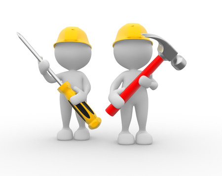 3d people - men, person with the tools in the hands. Hammer and screwdriver の写真素材