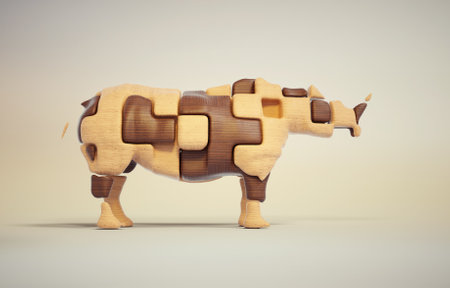 Abstract rhino made of wooden polygons. Creative and complex concept. This is a 3d render illustrationの写真素材