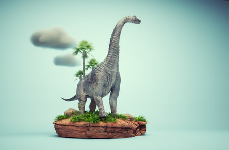 Conceptual presentation scene of a Brachiosaurus.  Have lived since the end of the Jurassic. This is a 3d render illustrationの写真素材