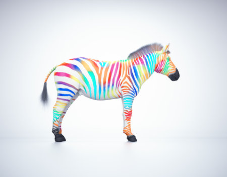 Multicolored zebra on white background.Creative and complex concept. This is a 3d render illustrationの写真素材
