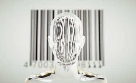 Faceless portrait of a man with a barcode on face . Branding and target audience concept . This is a 3d render illustration .の写真素材