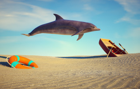 Dolphin floating in air at the desert. Global warming and adjusting concept. This is a 3d render illustrationの写真素材