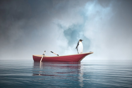Penguin on a red boat in the ocean. Travel and journey concept. This is a 3d render illustration.の写真素材