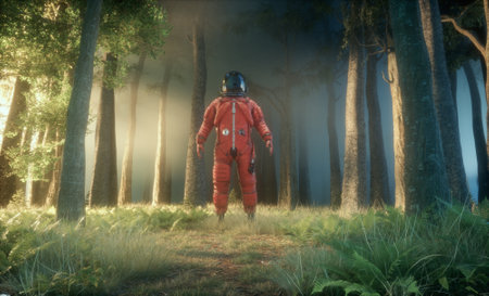 Cosmonaut in the forest. Sci fi and fantasy concept. This is a 3d render illustration.の写真素材