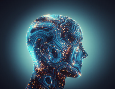 Human head with data and complex wires. Artificial intelligence and machine learning concept. This is a 3d render illustration.の写真素材