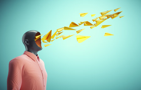 Man with a hole instead of face  and flying paper planes . Mindset and decisions concept . This is a...