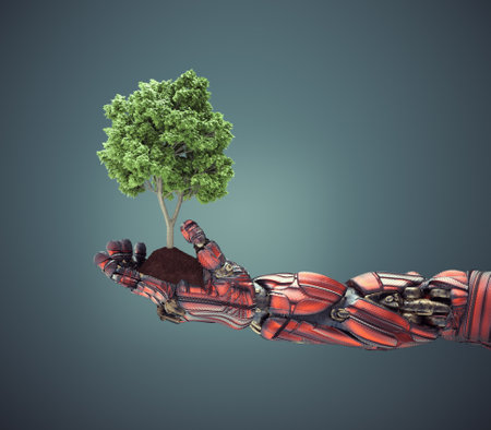 Robot hand holding a tree grounded with soil. This is a 3d render illustrationの写真素材