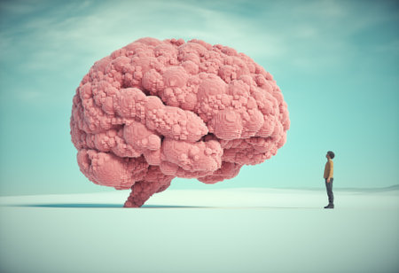 The man and conceptual image of a large  shape of the human brain. This is a 3d render illustrationの写真素材