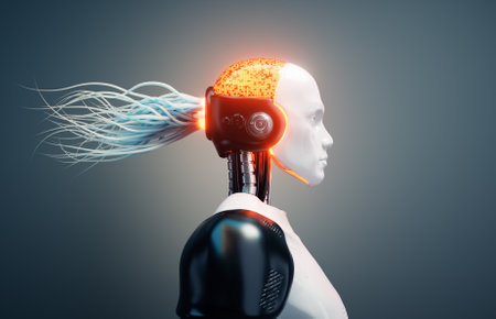 Robot profile with wires and digital brain. Artificial intelligence and machine learning concept. This is a 3d render illustration.の写真素材