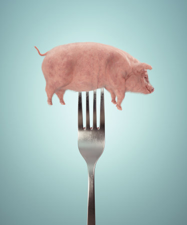Pig on a fork. Diet and weight loss concept. This is a 3d render illustration.の写真素材