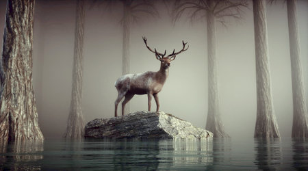 Deer in the nature habitat during misty morning. This is a 3d render illustration.の写真素材