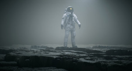 Astronaut standing on foggy land. Discovery and journey concept. This is a 3d render illustrationの写真素材