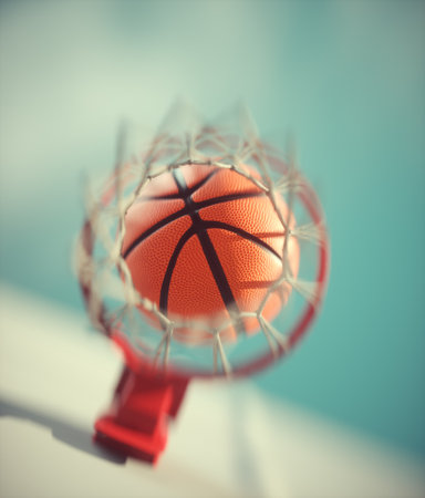 Bottom view of a basketball basket. Ball entering through the hoop. This is a 3d render illustration.の写真素材