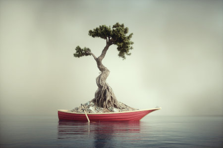 Tree on a boat in the ocean . Travel and booking agency concept. This is a 3d render illustrationの写真素材