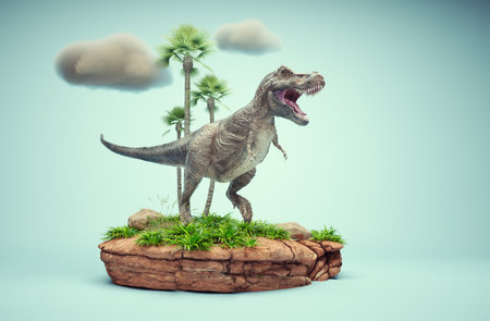 Conceptual presentation scene of a Tyrannosaurus.  He lived during the Late Cretaceous - Maastrichtian. This is a 3d render illustrationの写真素材