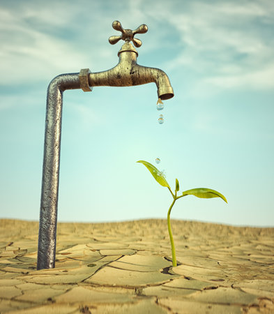 Faucet waterring a small plant on a dry land. Never give up and reconversion concept. This is a 3d render illustration.の写真素材