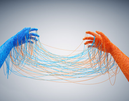 Colorful hands made of wires tied to each other. Team building and networking concept. This is a 3d render illustration.の写真素材