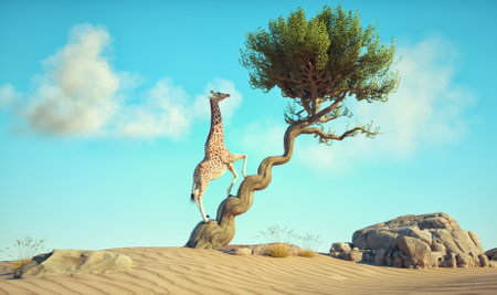 The giraffe eats leaves from a tree in surreal landscape. This is a 3d render illustrationの写真素材