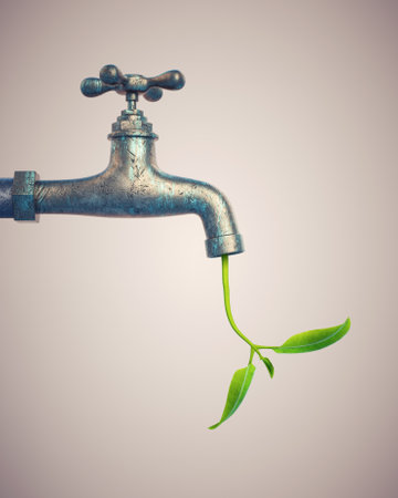 Plant comes out a faucet. Organic growth and hope concept. This is a 3d render illustration.の写真素材