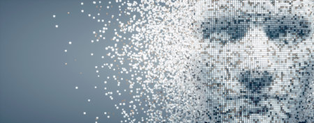 3D dissolving human head made with cube particles. Deep learning, Artificial intelligence. This is a 3d render illustrationの写真素材