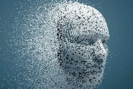 3D dissolving human head made with cube particles. Deep learning, Artificial intelligence. This is a 3d render illustrationの写真素材