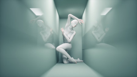 Abstract woman inside a tight corridor. Anxiety and overthinking concept. This is a 3d render illustration.の写真素材