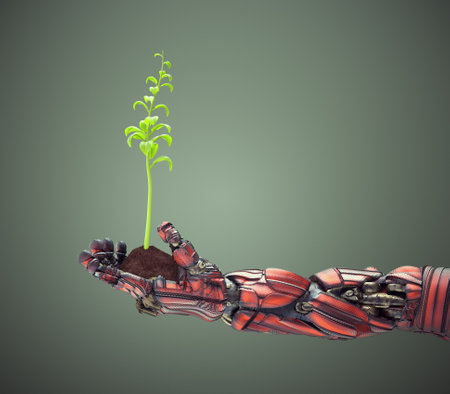 Robot hand holding a plant grounded with soil. This is a 3d render illustrationの写真素材