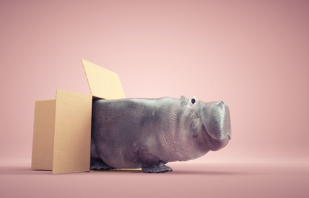 Hippo comes out of the box. Think outside the box concept. This is a 3d render illustrationの写真素材