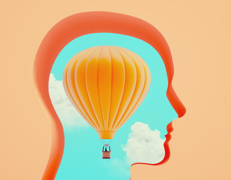 Abstract head on hot air balloon. Self development and growth mindset concept. Creativity, and imaginative play, as well as surreal. Freedom, adventure, and exploration. This is 3d render illustrationの写真素材