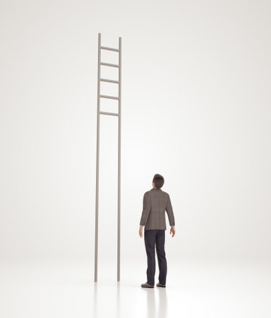 Businessman stands in front of the ladder without steps. Business challenge and solution.  Unfair situation concept. This is a 3d render illustration.の写真素材