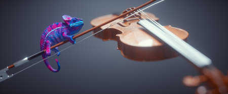 A colorful chameleon sits on a violin bow. Creativity and style concept. This is a 3d render illustrationの写真素材