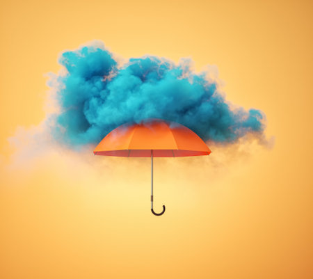 Umbrella under the cloud on yellow background. This is 3d render illustrationの写真素材